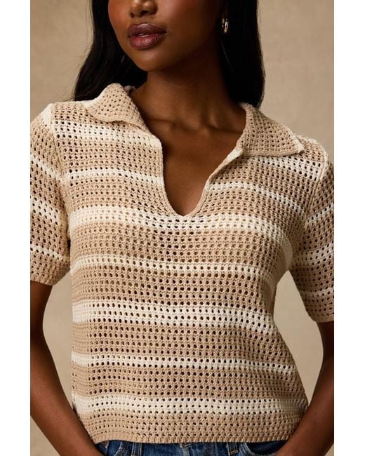 Lulus Natural Bebe Striped Crochet Collared Top