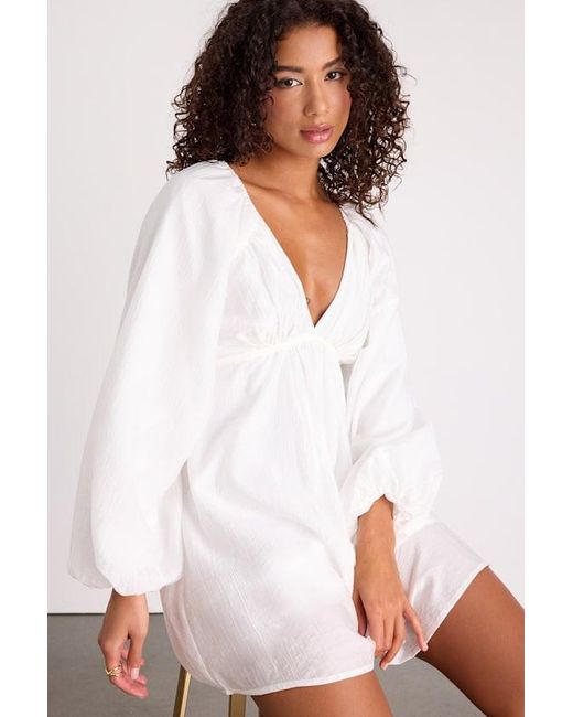 Lulus White Amerah Textured Balloon Sleeve Babydoll Mini Dress