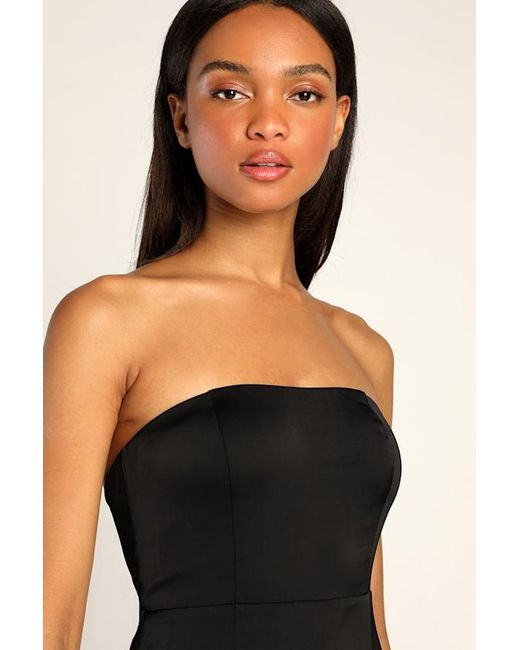 Lulus Black Blissfully Beautiful Satin Strapless Tiered Maxi Dress