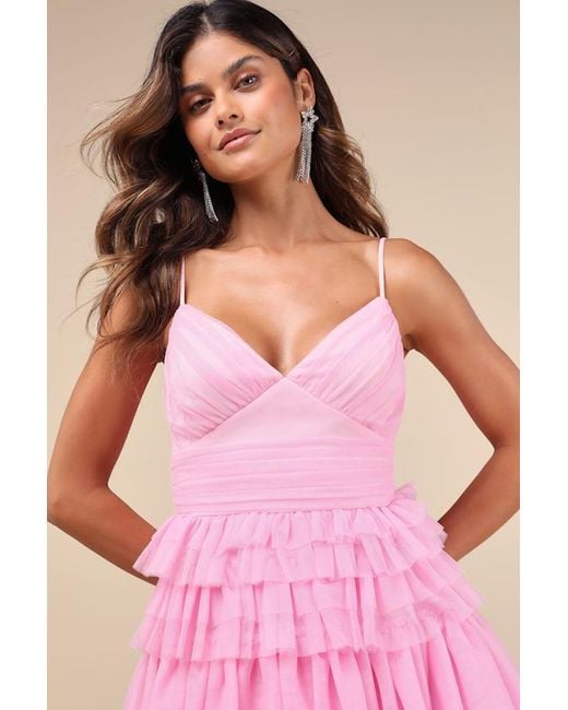 Lulus Pink Special Poise Tulle Pleated Sleeveless Tiered Mini Dress