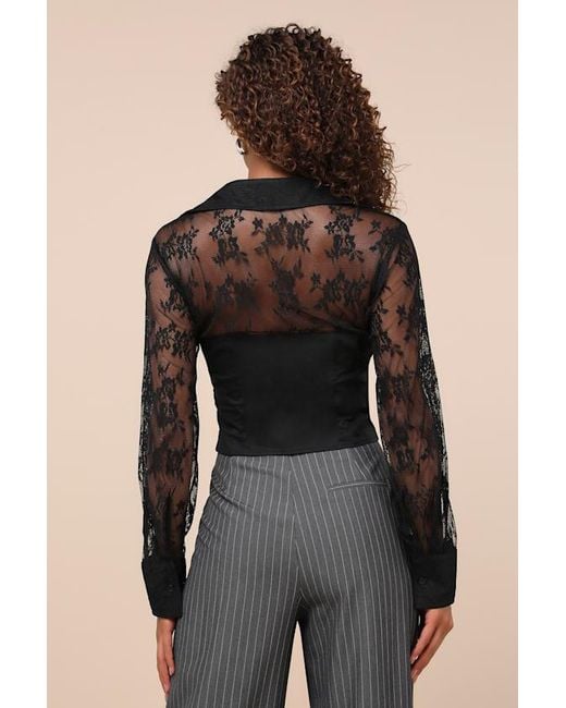 Lulus Black Major Affection Lace Collared Cropped Bustier Top