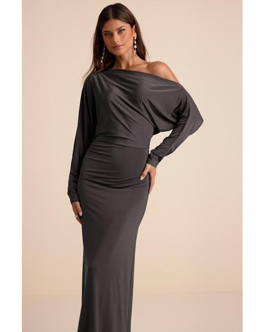 Lulus Blue Valani Charcoal Jersey Knit Asymmetrical Long Sleeve Maxi Dress