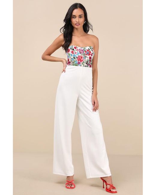 Lulus Natural Remarkable Energy Floral Embroidered Strapless Jumpsuit