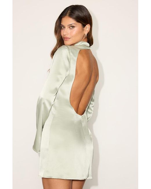 Lulus White Melilla Pale Sage Satin Mock Neck Backless Mini Dress