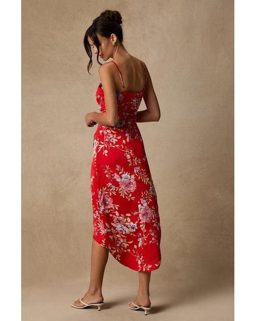 Lulus Red My Favorite Day Floral Print Tulip Skirt Midi Dress