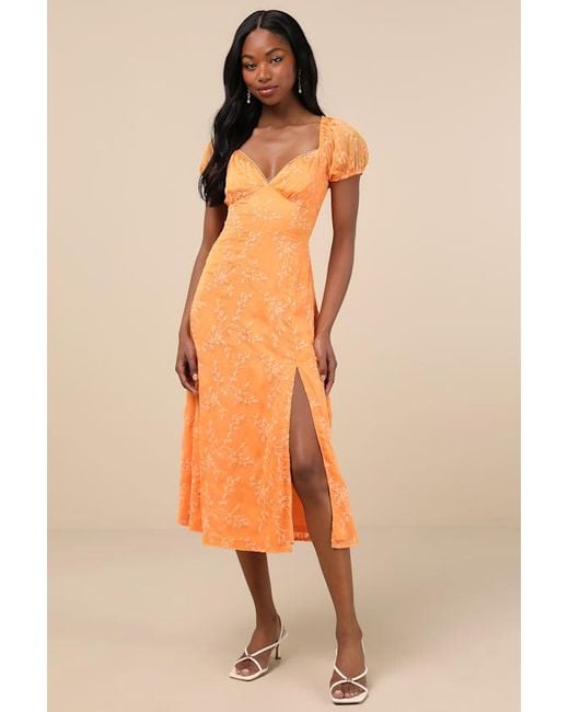 Lulus Orange Blossoming With Charm Embroidered Tie-Back Midi Dress