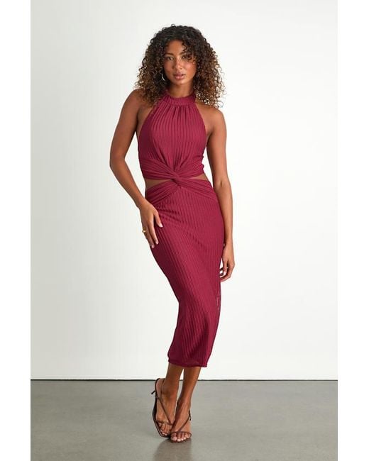Lulus Women's Red Poised Attitude Halter Cutout Twist-Front Midi Dress