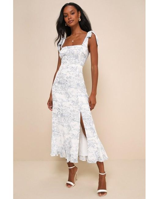 Lulus Summer Invite Toile Tie-Strap Tiered Midi Dress in Natural | Lyst