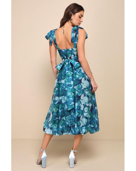 Lulus Blue Flowering Day Dream Floral Organza Midi Bubble Dress