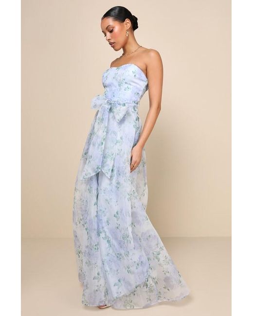 Lulus Blue Charming Sweetness Periwinkle Floral Organza Pleated Maxi Dress