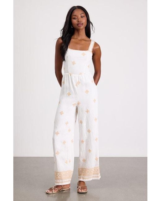 Lulus Natural Arwen Embroidered Wide-Leg Jumpsuit
