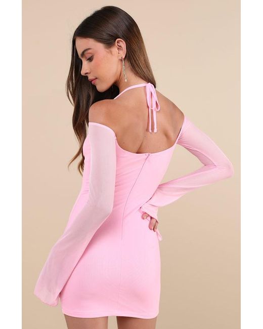 Lulus Pink Flirty Silhouette Mesh Long Sleeve Halter Mini Dress