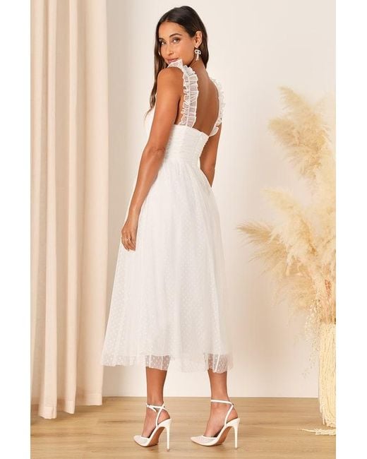 Lulus Natural Forever Celebrated Swiss Dot Ruched Tulle Midi Dress