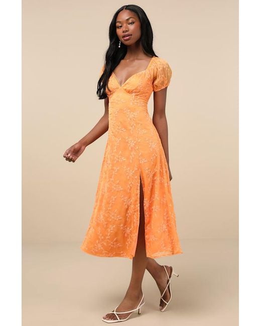 Lulus Orange Blossoming With Charm Embroidered Tie-Back Midi Dress