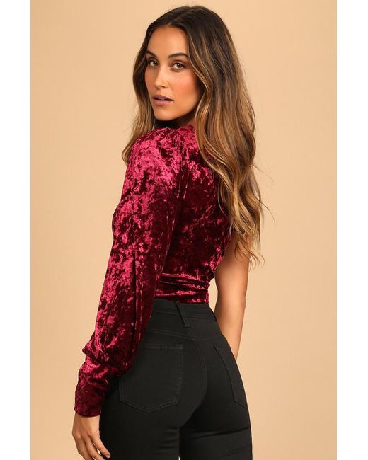 Lulus Red Cheer And Delight Crushed Velvet One-Shoulder Bodysuit