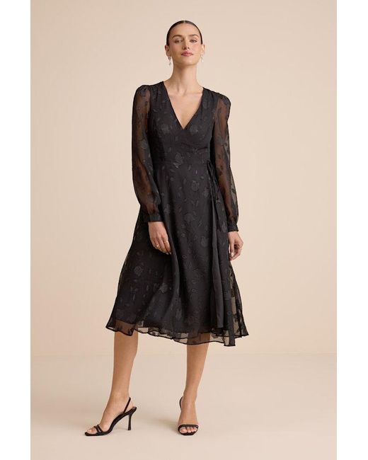 sachin and babi light blue dress Lulus Evening Of Elegance Floral Jacquard Wrap Midi Dress in Black