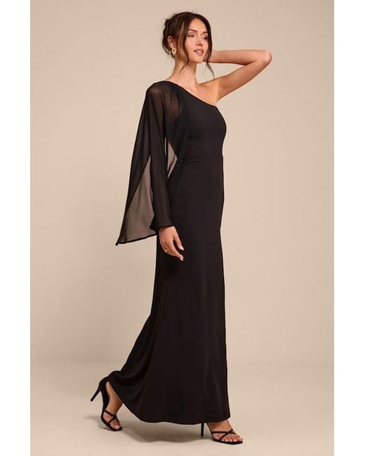 Lulus Black Majestic Attitude Cape Sleeve One-Shoulder Maxi Dress