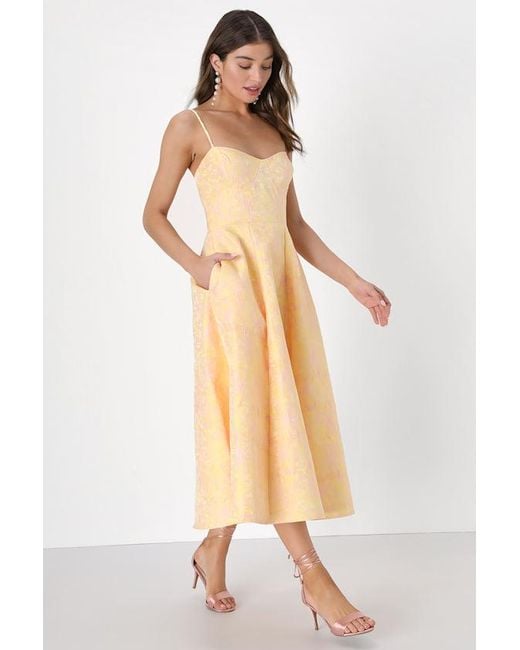 Lulus Yellow Meet For Tea Jacquard Bustier Midi Dress With Pockets