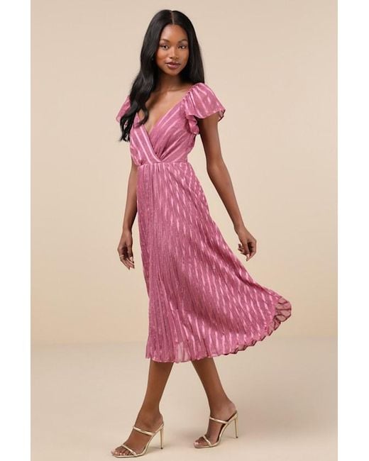 Lulus Pink Standout Sophistication Lurex Flutter Sleeve Midi Dress