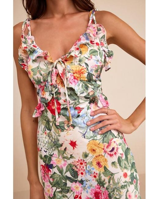 Lulus White Clelia Multi Floral Satin Ruffled Tie-Strap Midi Dress