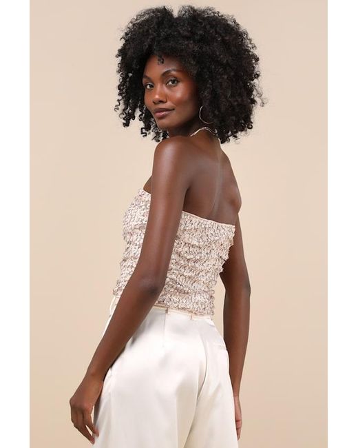 Lulus Natural My Favorite Sparkle Sequin Ruched Strapless Crop Top