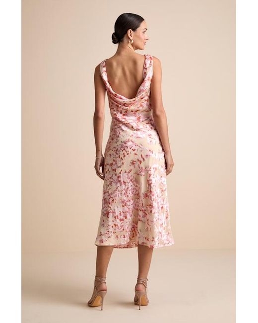 Lulus Natural Tarice Floral Jacquard Cowl Back Midi Dress