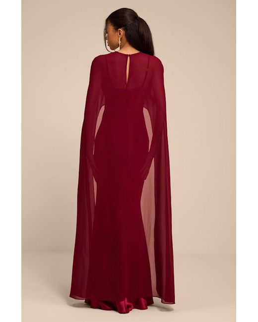 Lulus Red Cavana Satin Cape Maxi Dress