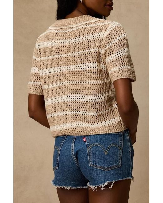 Lulus Natural Bebe Striped Crochet Collared Top