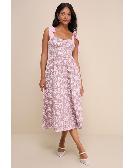 Lulus Pink Bubbly Bliss Jacquard Bustier Tie-Strap Midi Dress