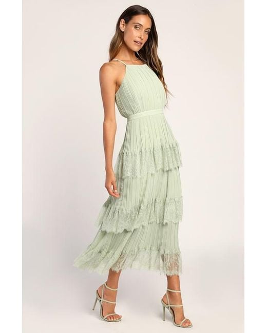 Lulus Green Came For Cocktails Pleated Tiered Lace Maxi Dress