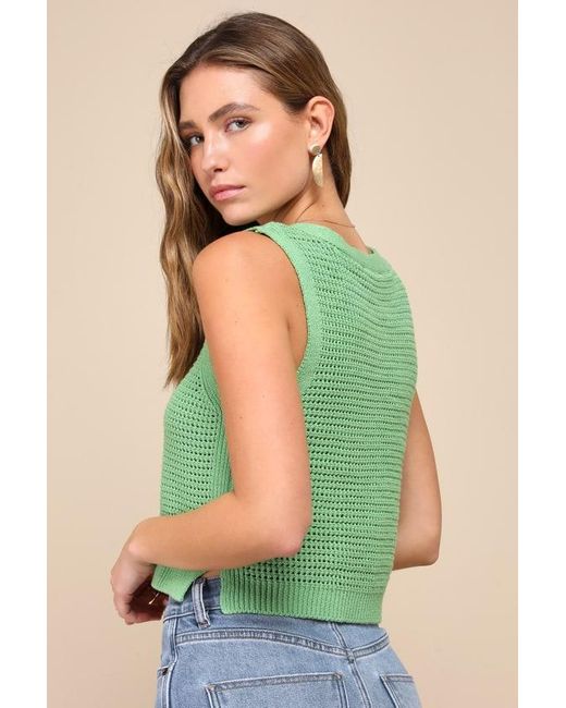 Lulus Green Aesthetic Ease Pierced Knit Button-Front Cropped Tank Top