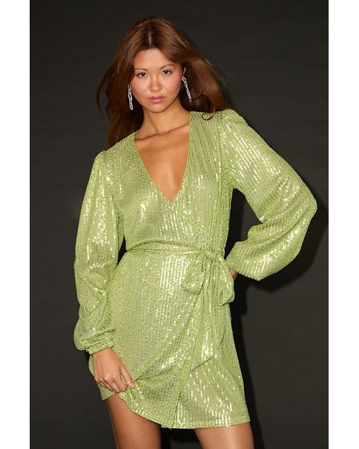 Lulus Green Sparkly Darling Chartreuse Sequin Long Sleeve Wrap Dress