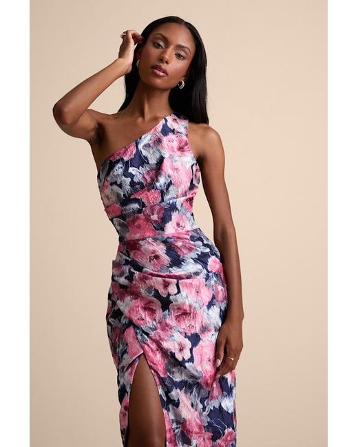 Lulus Pink Jemmilah Floral Textured One-Shoulder Midi Dress