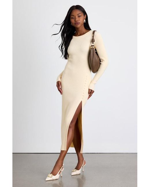 Lulus Natural Refined Attitude Cream Ribbed Side Button Midi Sweater Dress