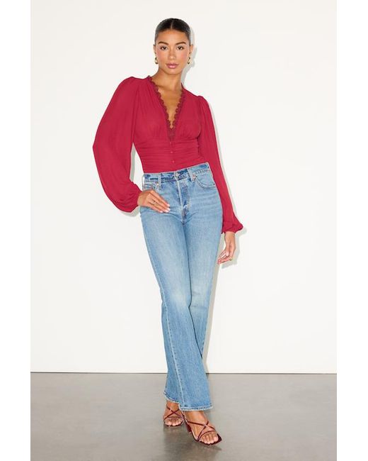 Lulus Red Cadria Long Sleeve Ruched Bodysuit