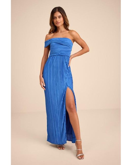 Lulus Blue Poised Performance Plisse One-Shoulder Maxi Dress