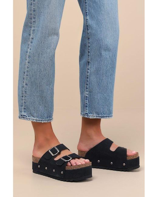 Dirty Laundry Black Pueblo Suede Platform Buckle Slide Sandals