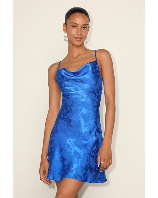 Lulus Blue Close To Your Heart Satin Jacquard Cowl Slip Dress