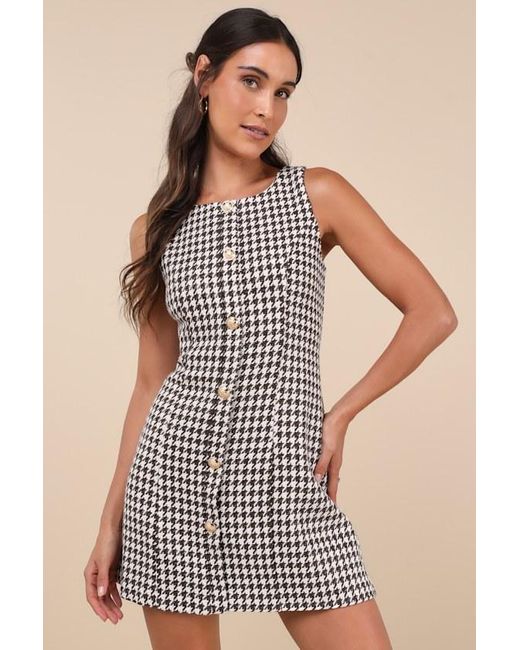 Lulus Brown Coveted Poise Houndstooth Button-Front Shift Mini Dress