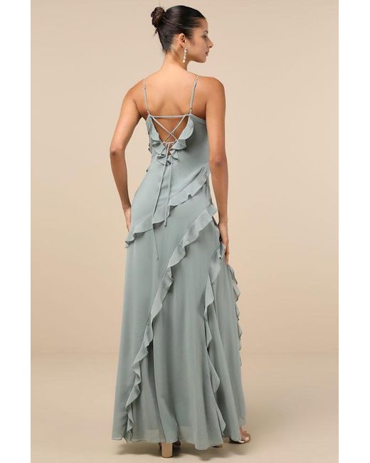 Lulus Blue Fancy Sweetness Ruffled Lace-Up Sleeveless Maxi Dress