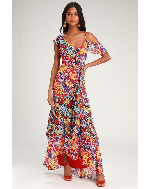 Lulus Radiant Ruby Floral Print Chiffon Maxi Dress in Red Lyst UK