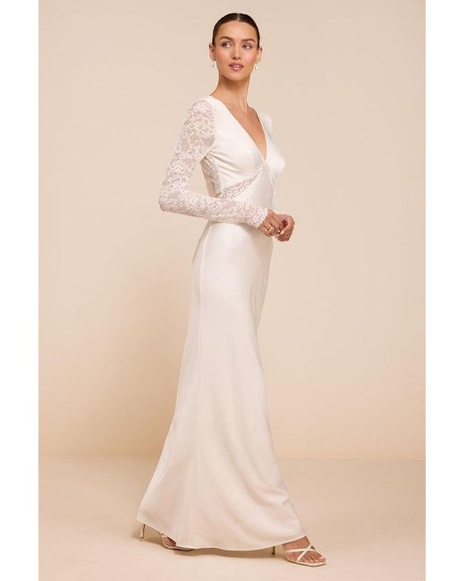 Lulus Natural Lyric Satin Lace Column Wedding Dress