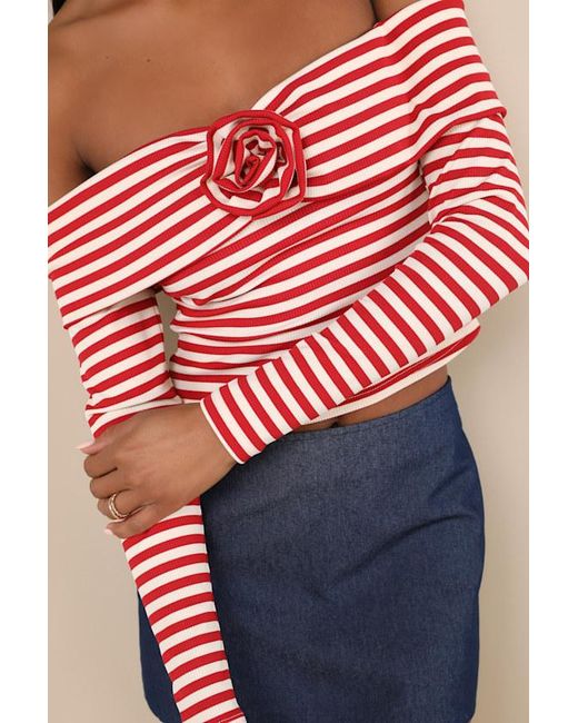 Lulus Red Danon And Cream Striped Rosette Off-The-Shoulder Top