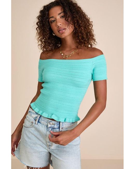 Lulus Blue Alamea Aqua Pointelle Knit Off-The-Shoulder Sweater Top