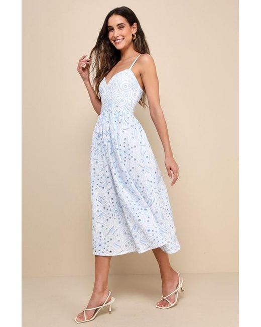 Lulus Blue Sunny Poise Cotton Eyelet Embroidered Midi Dress