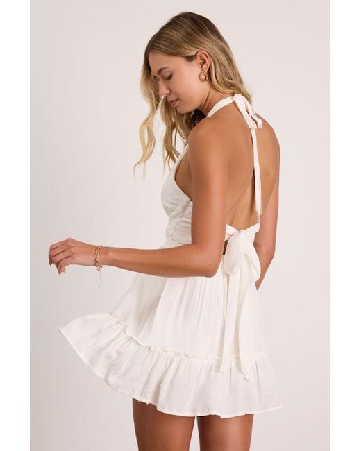 Lulus Natural Zahia Swiss Dot Ruffled Halter Mini Dress