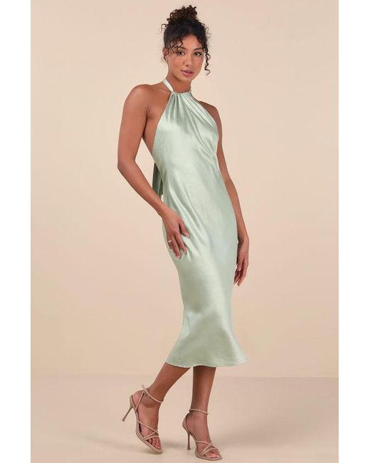 Lulus Natural Angelique Sage Satin Backless Halter Midi Dress
