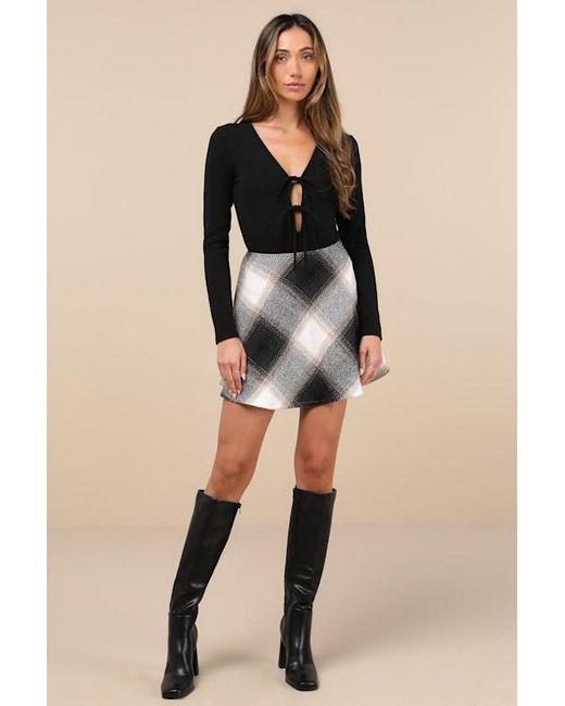 Lulus Black Lovely Ties Ribbed Knit Tie-Front Long Sleeve Bodysuit