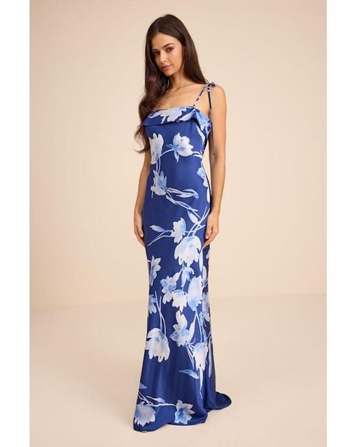 Lulus Blue Florine Floral Satin Tie-Strap Maxi Dress