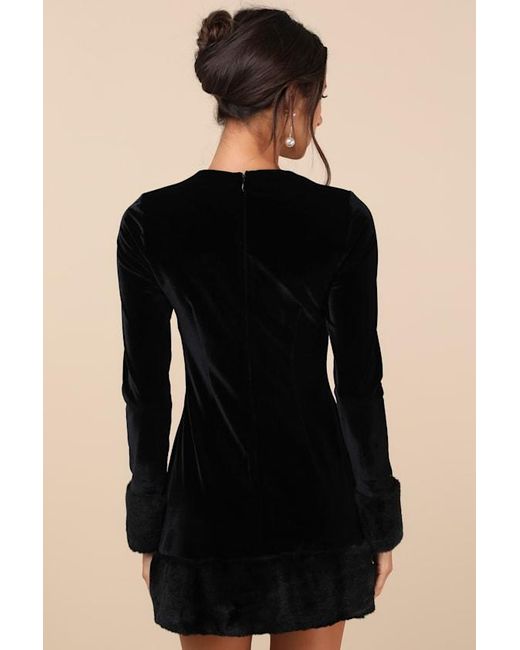 Rare London Black Opulent Charm Velvet Faux Fur Trim Mini Dress